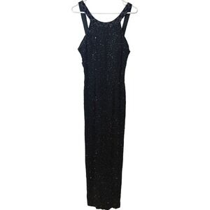 Vtg Andretta Donatello‎ 90s Silk Fully Beaded Gown Black Iridescent Cage Back M